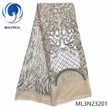 

Beautifical african lace fabrics Latest design nigerian sequins embroidery net lace fabric for women dress 5yards/lot ML3N232
