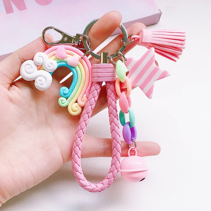 

New Lovely Cute Rainbow Key Chain Leather Strap Braided Rope Tassel Keychain for Women Girl Bell Star Lollipop Bag Charm Pendant