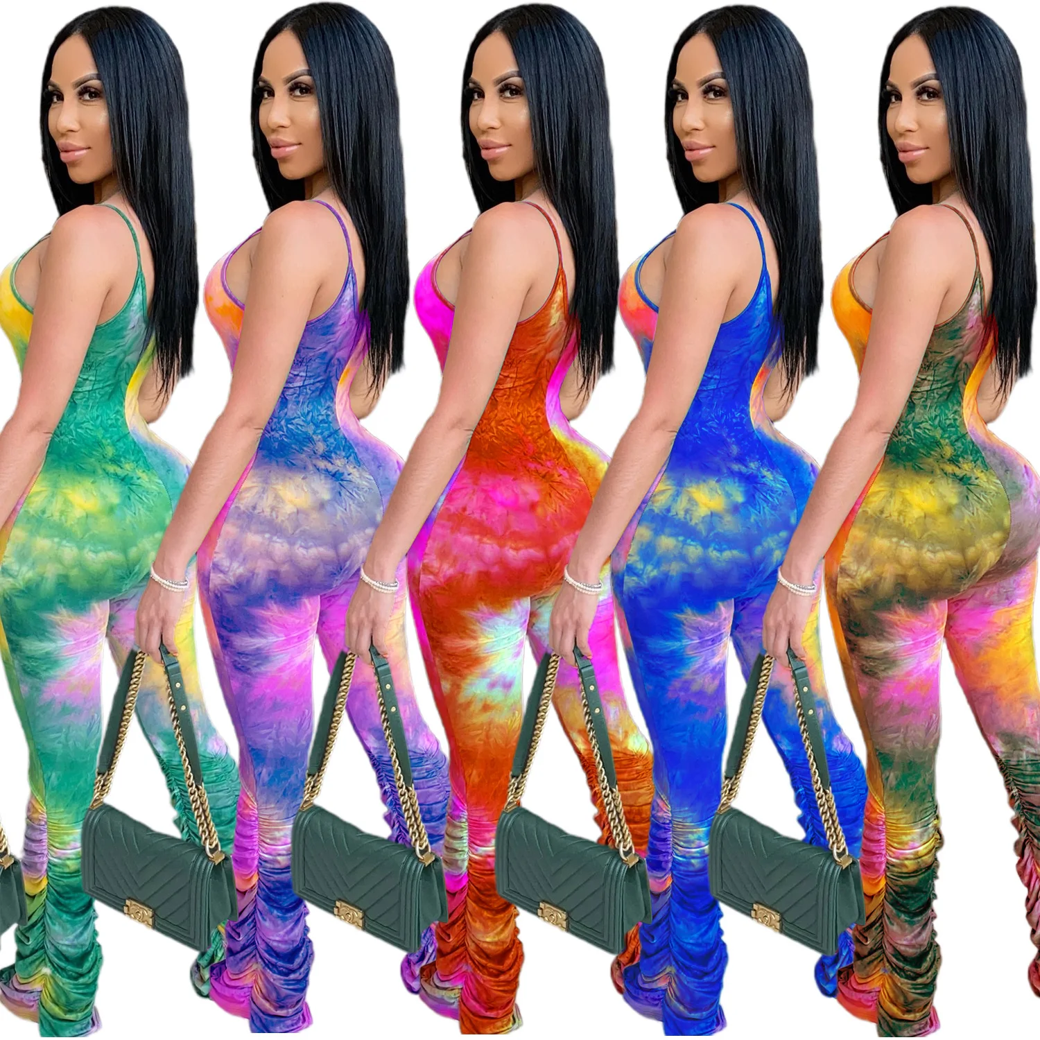 

Women Jumpsuit Summer Hot Selling Fashion Tie-dye Printting Sexy Spaghetti Strap High Waist Rompers Bodysuits