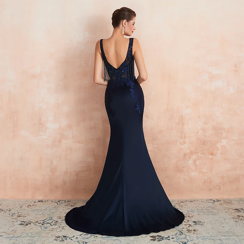 Vestido Longo Festa Выпускные платья длинное темно-синее Иллюзия корсета сексуальный халат De Soiree с кистями из бусин женский праздничный официальный вечерний наряд