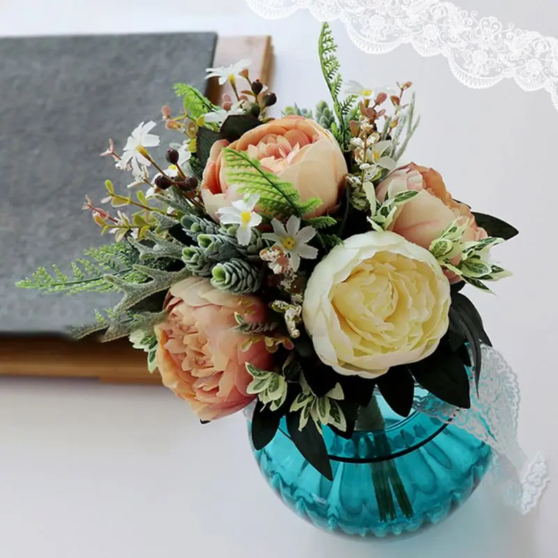 Европейский Винтажный свадебный букет, искусственные пыльные цветы пиона, искусственный суккулент, кружевная лента, вечерние украшения для подружки невесты