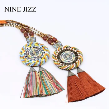 

NINEJIZZ Bohemia Vintage Tassel Pendant Necklace Japanese Style Long Sweater Chain Round Flower Beads Handmade For Woman Jewelry