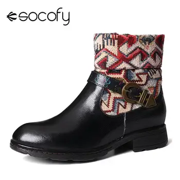 

SOCOFY Retro Genuine Leather Splicing Metal Buckle Zipper Flat Ankle Boots Flat Elegant Shoes Women Shoes Botas Mujer 2020
