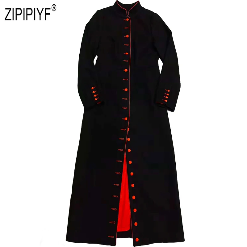 Винтажные Модные женские шерстяные пальто однобортные черные длинные пальто с длинным рукавом и стоячим воротником уличный стиль офисной Леди Пальто Z2732