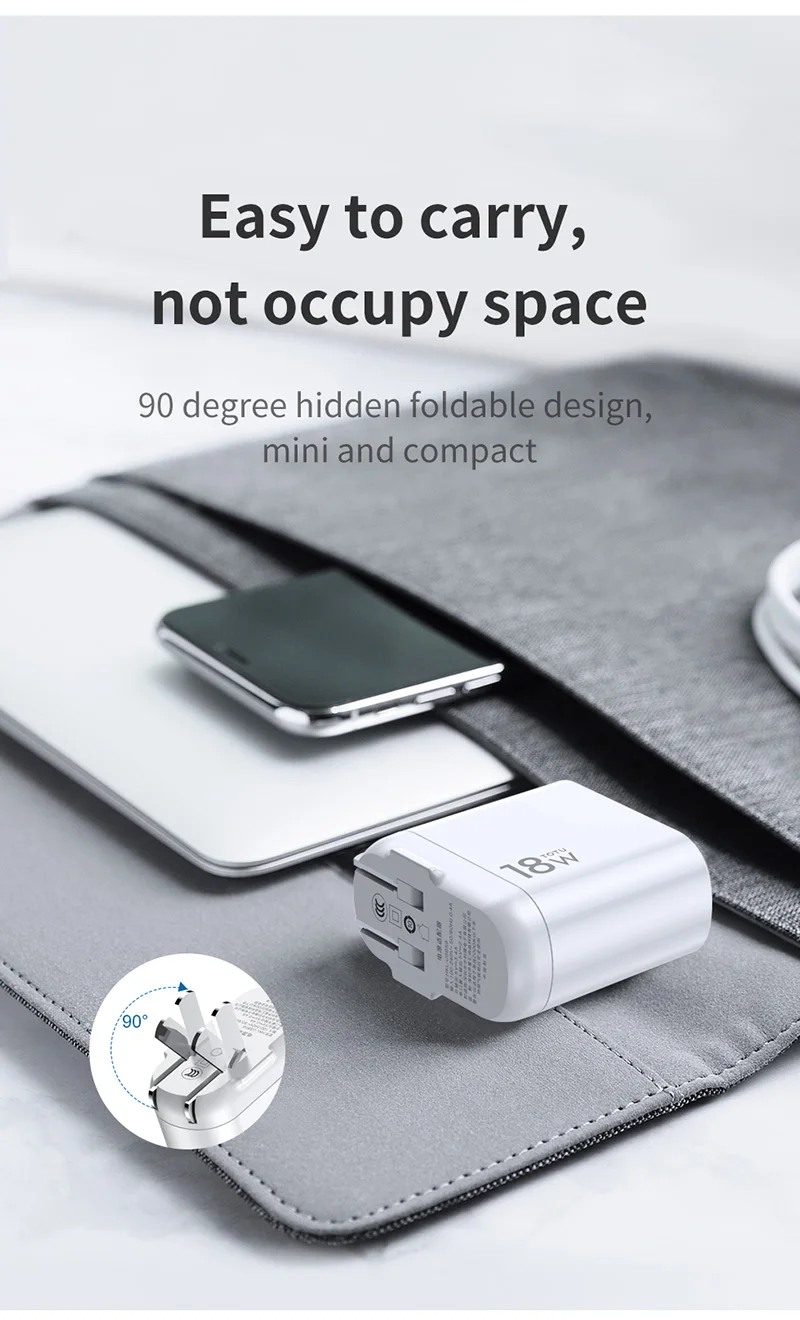 TOTU EU phone travel charger with LED display, fast charge PD18w + QC3.0 home travel wall charger