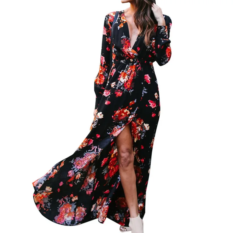 Chiffon Boho Tunic Dress Women Floral Print Plus Size 3XL Summer Long Sleeve Casual Maxi | Женская одежда