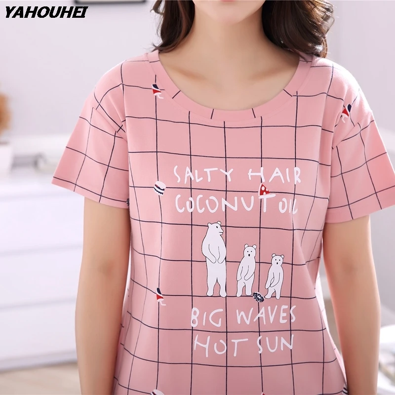 

Plus Size Cotton Plaid Homewear Pajamas Sets For Women 2019 Summer Short Sleeve Cartoon Pyjama Girls Knee Length Lounge Clothing