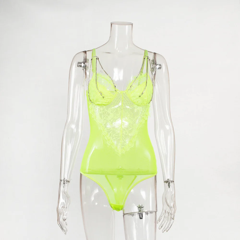 Lace Bodysuit For Womens Sexy Spaghetti Strap Sleeveless Bodysuits OMSJ Summer Neon Green Ladies Bodycon Clubwear Bodysuits