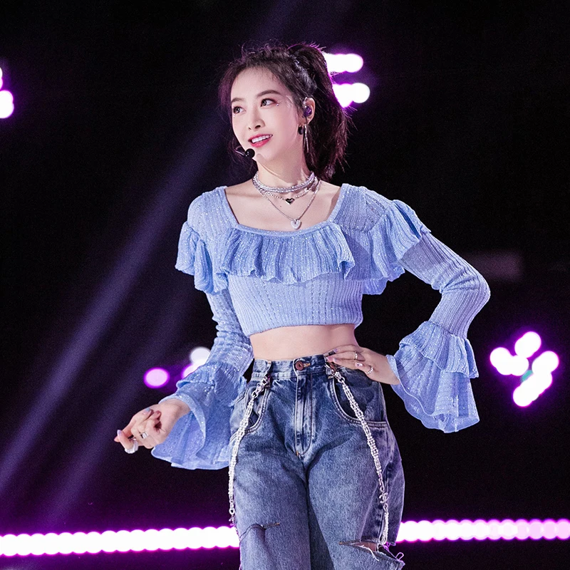 

Crop Top Women Shirts 2020 Summer Scoop Ruffles Flare Long Sleeve Light Blue Knit shirt Thin Sweater Streetwear