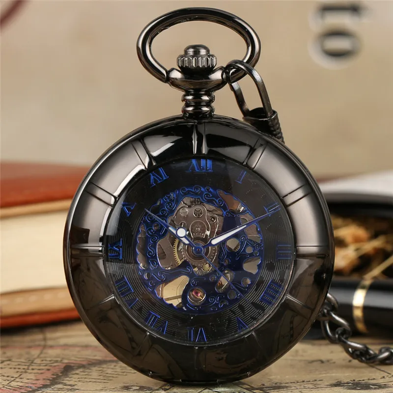 Steampunk Roman Numbers Men Women Mechanical Hand Winding Pocket Watch Fob Pendant Chain Luminous Hands Half Hunter Timepiece