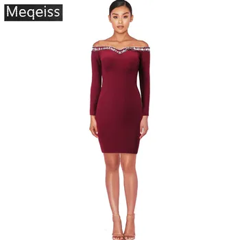 

Mini Dresses Long Sleeve Off Should Rhinestone Beading Sexy Women Strapless Dress Bodycon Feminina Slash Neck Nightclub Dress