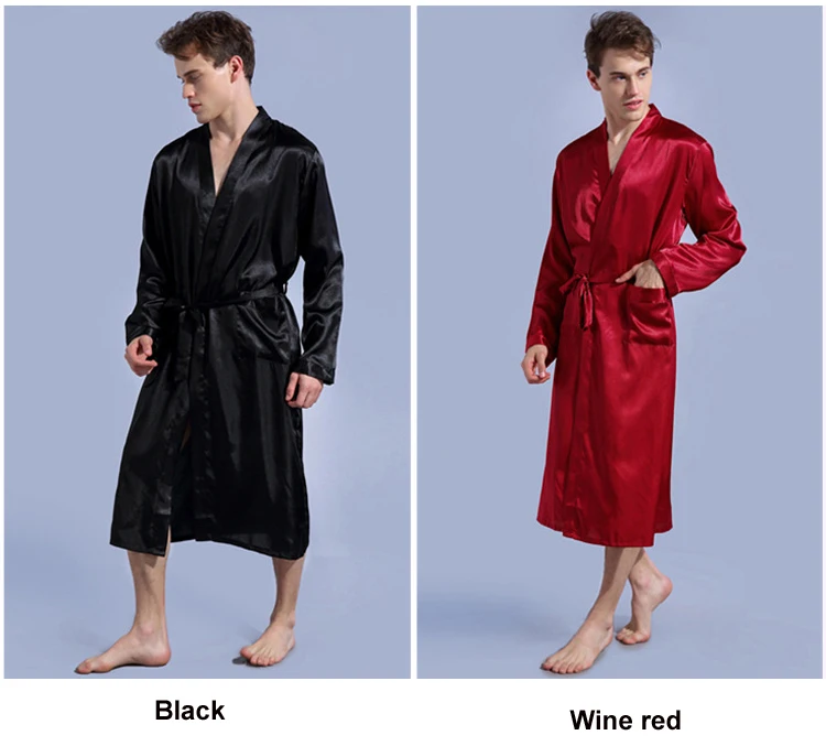 Темно-синий халат, Повседневная Ночная одежда, ночная Пижама, свободная Мужская пижама для отдыха, Атласный халат из искусственного шелка, однотонное кимоно