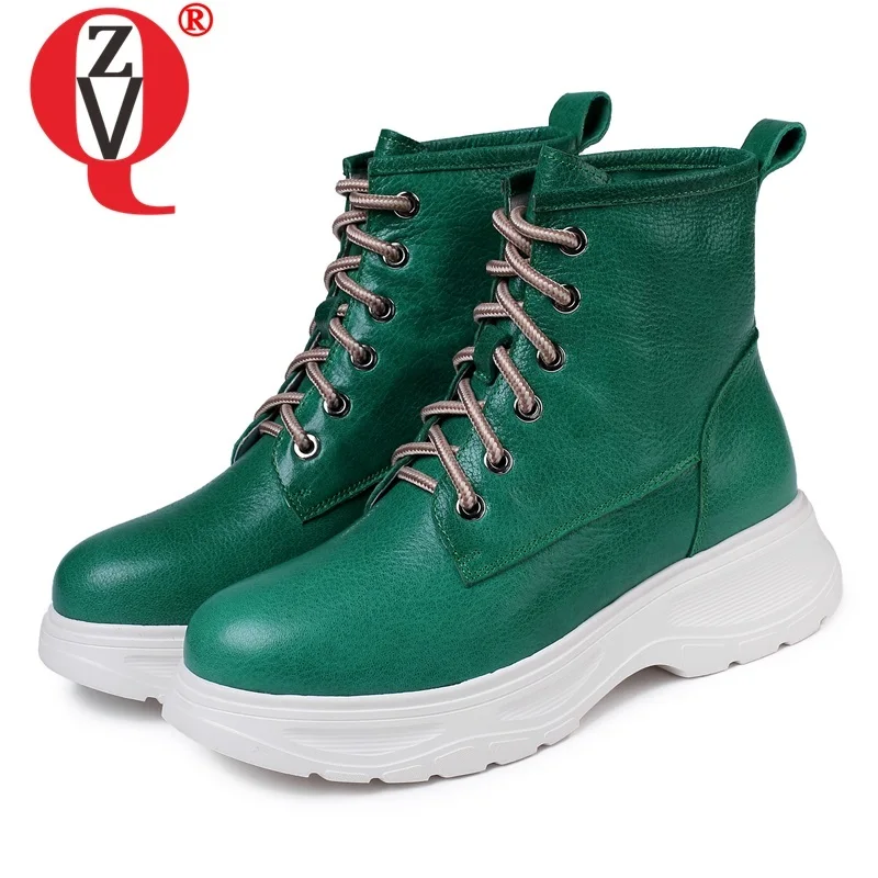 ZVQ gothic green motorcycle boots winter genuine leather cute woman pink martin boots yellow 4.5cm mid heels women's shoes 42CN