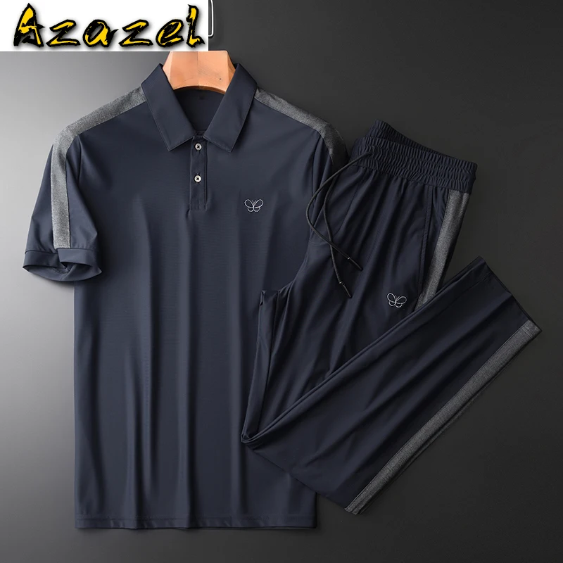 

Azazel Summer Sets (t-shirt+pants) 2 Pieces Luxury Embroidered Silky Short Sleeve Men T-shirts Fashion Elastic Waist Man Pants