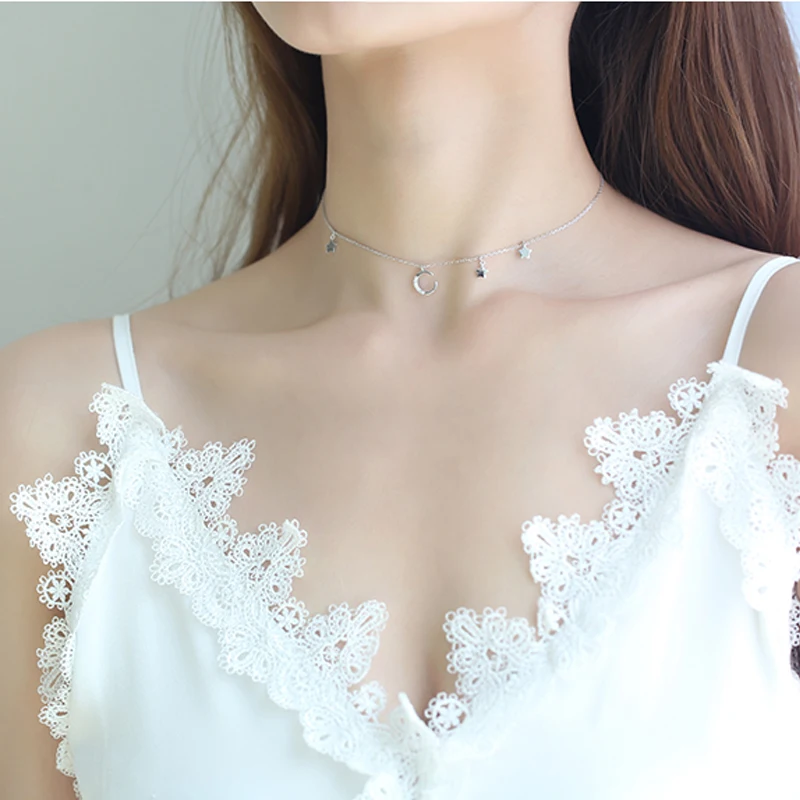 Серебряное ожерелье микро циркон Луна Звезда Кулон короткая ключица для женщин