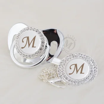 

MIYOCAR silver name bling Initial letter M beautiful bling pacifier and pacifier clip BPA free dummy bling babyshower gift LM-1