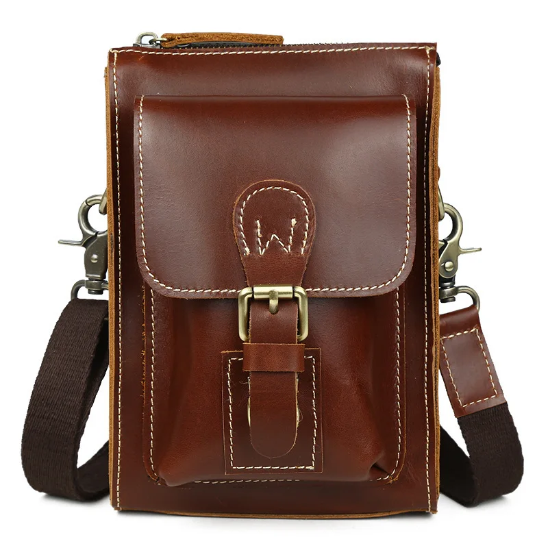 

Fashion First Layer of Cow Cowhide MEN'S Messenger Bag Mobile Phone Close Fit Waist Bag Wear Leather Belt Pannier Bag Outdoor Ca