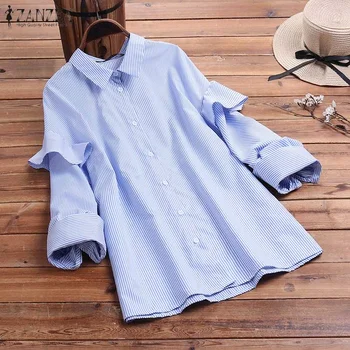

ZANZEA Women Shirt Casual Ruffles Stripe Printed Blouse Female Buttons Turn-down Collar Tunic Elegant Lady Work Blusas Tops 5XL
