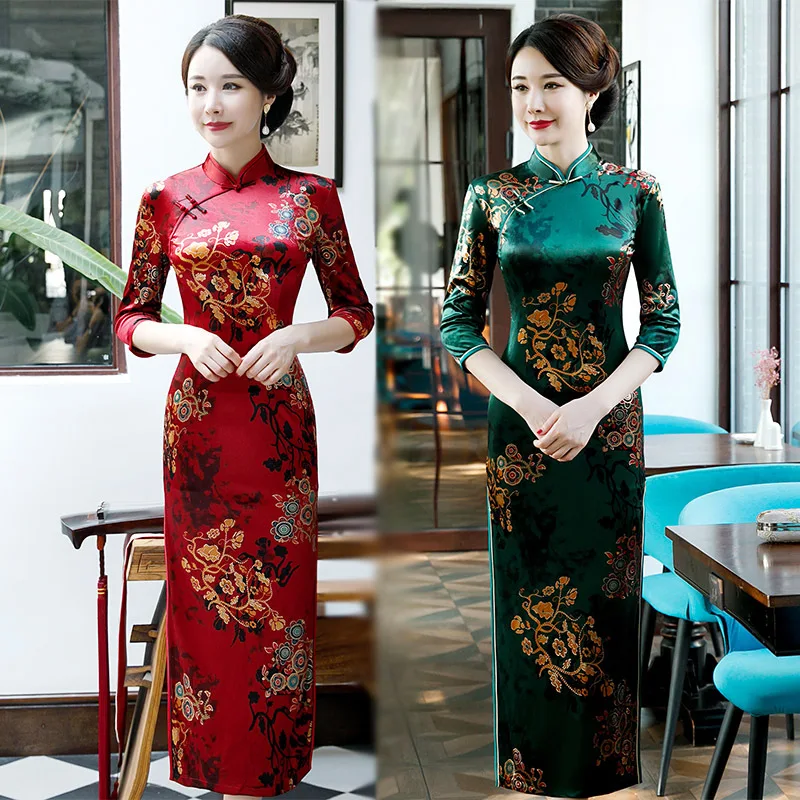 Новинка весны Дамы Велюр Cheongsam китайский стиль воротник стойка длинное платье женские Qipao тонкие Вечерние платья Vestido S-5XL