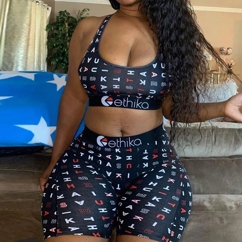 Ethika 2020 estilo de playa 3-colores 2 piezas conjunto Sexy mujer sin mangas Delgado impresión Tacksuit Sexy de dos piezas cuello flaco mono