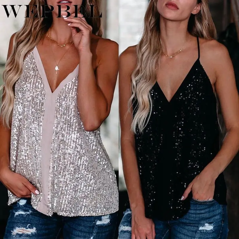 Mandylandy Women Sequin Glitter Strappy Tank Tops Lady Sexy V Neck Sparkle Cami Swing Vest Clubwear Debardeur | Женская одежда