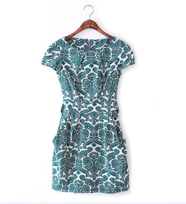 

2015 Spring And Summer New Style Palace Printed Short Sleeve Slim Dress Crew Neck Elegant Sheath Short Skirt 32411
