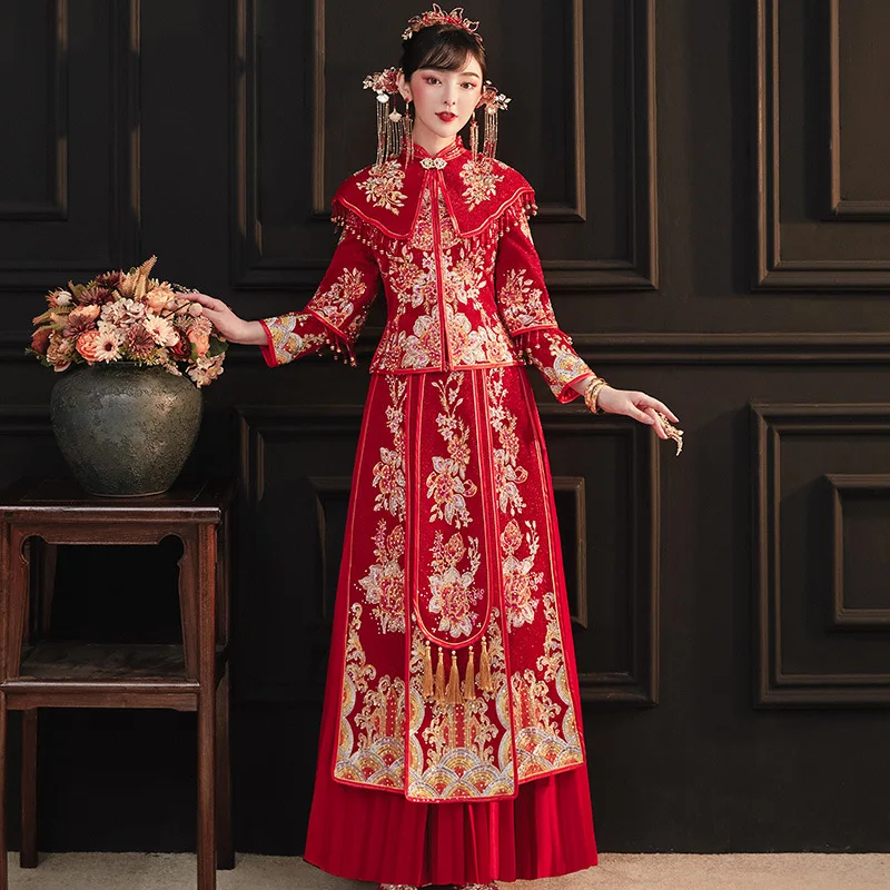 

High Quality Embroidery Wedding Dress Chinese Style Marriage Suit Female New Cheongsam Exquisite Bride Clothing Toast Clothing