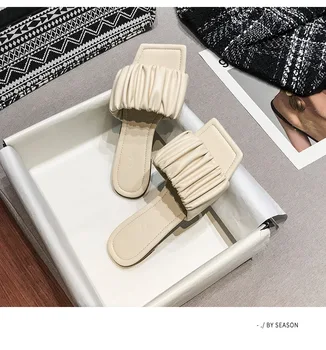 

2020 New Fashion Pleated Womens Slippers Summer Outdoor Dress Sandal Square Low Heel Open Toe Slides Flip Flop