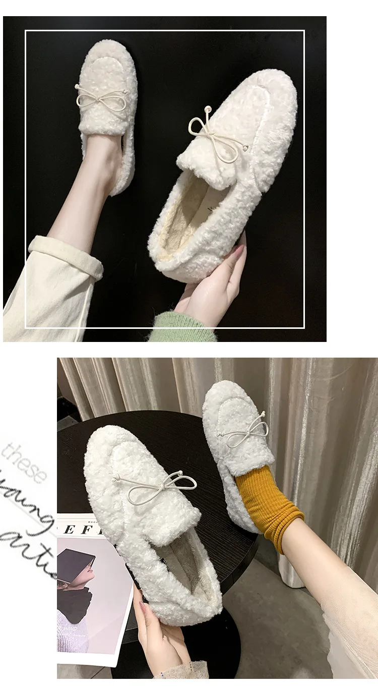 Plush Loafers Ballets Flats Shoes Woman Winter Flock Solid Moccasins Slip-Ons Peas Plush Egg Roll Flats Footwear