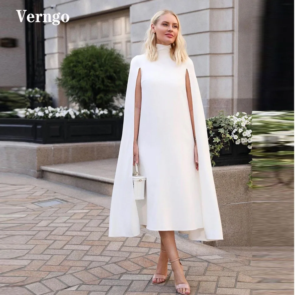 Abiti da sera formali da donna dritti bianchi semplici da donna collo alto  con maniche lunghe a mantella abito da tè abito elegante da donna|Evening  Dresses| - AliExpress