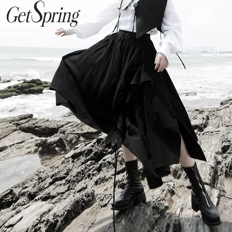 

GetSpring Women Skirt High Waist Asymmetrical Skirts Drawstring Lotus Leaf Edge Irregular Skirt Fashion Long Skirts Autumn 2019
