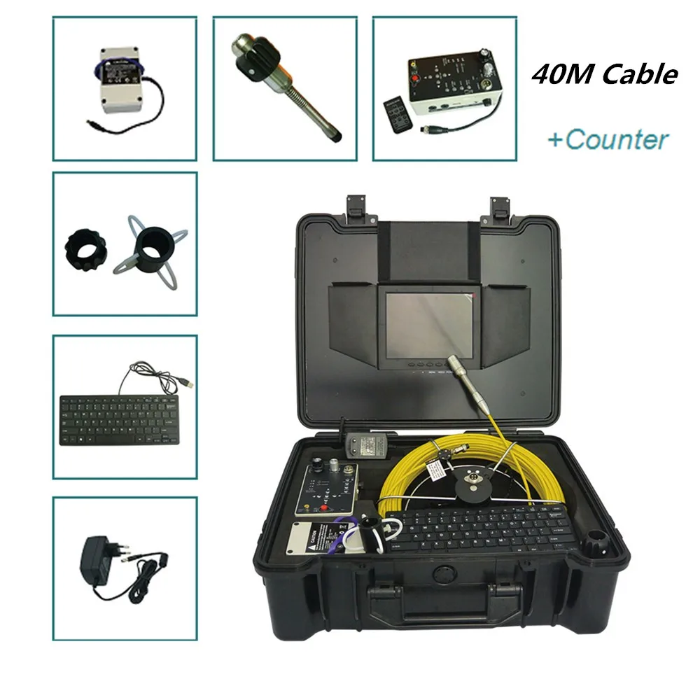 

29mm sewer pipe monitoring camera inspection self level video camera 40 meters reel cable with meter counter and 8 inch LCD