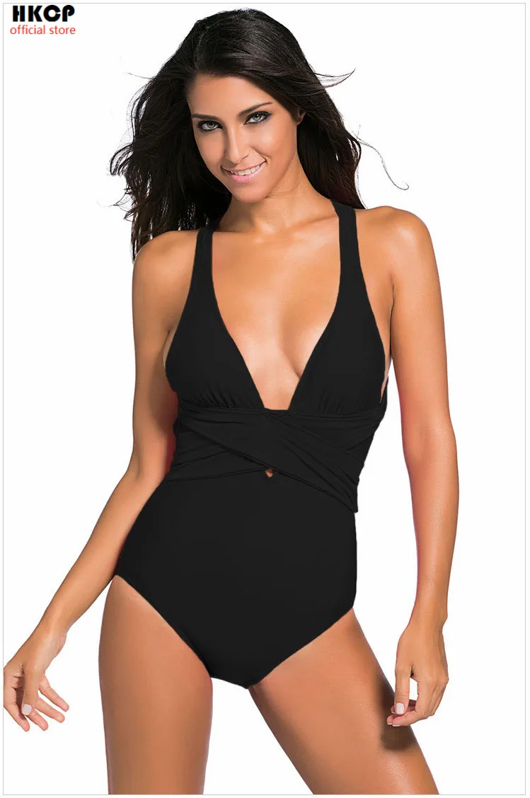 

HKCP 2019 new Sexy black Swimsuit Women Swimwear one piece Bodysuit Monokini Halter Cross Bathing Suits Tight Swim Beachwear