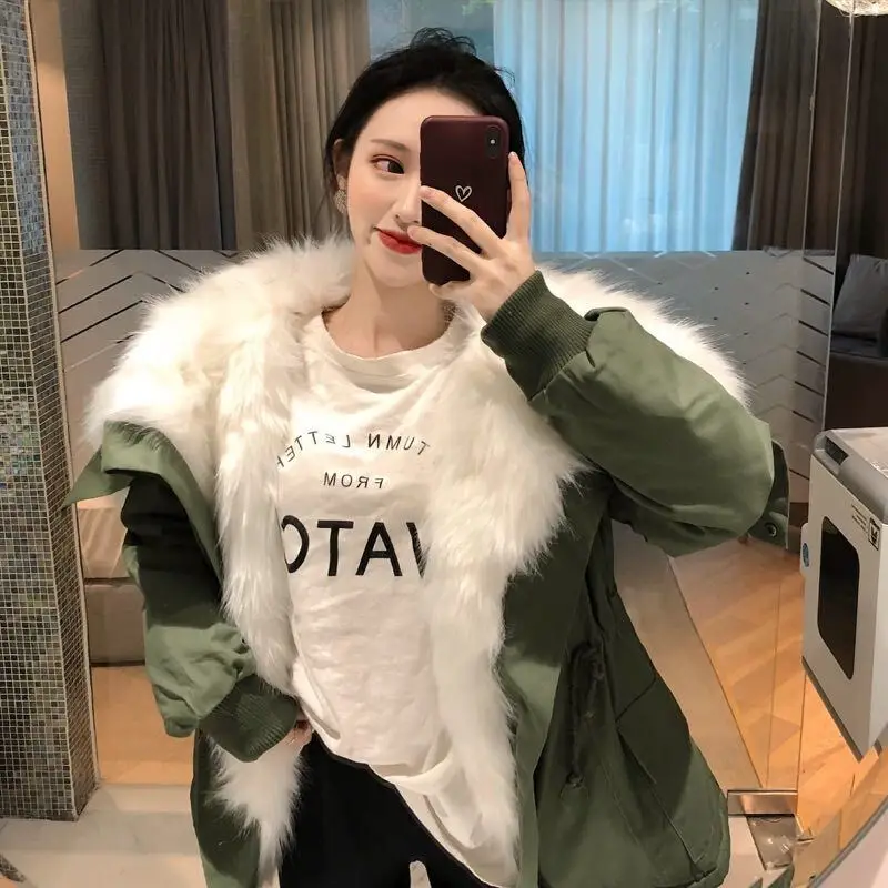 

2019 Winter New Style Retro Joint Furry Thick Cotton Coat Loose-Fit Mid-length Handsome Workwear Cotton-padded Clothes Women's