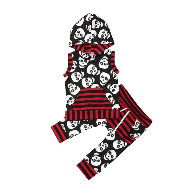 

2pcs Fashion Baby Kid Girl Boy Outfits Sets Toddler Clothes Hooded Tank Top Pants Toddler Skull Print Halloween Outfit Tracksuit