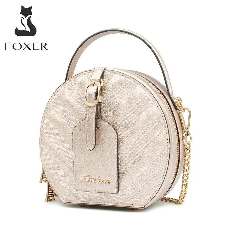 Классическая круглая сумка FOXER для женщин миниатюрные тоуты из воловьей кожи шикарная золотистая на плечо