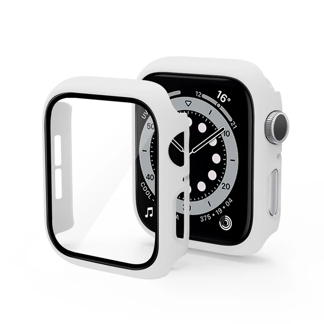 Glass+Case for iWatch Case Cover for Apple Watch Case 45/41mm 44mm 42mm 40mm 38mm Series 7 6 5 4 3 2 1 SE Protector Accessories White