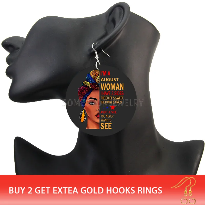 Afro Headwrap Woman Large Round Wooden Earrings