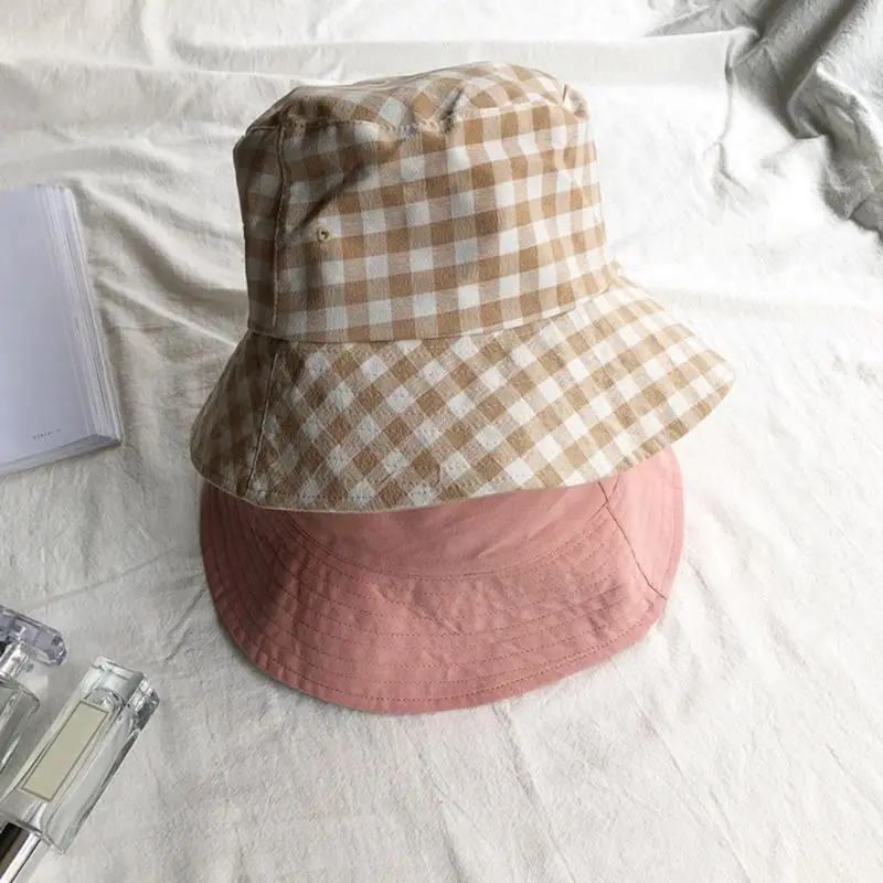Японская женская летняя опракидывающая шляпа-ведро для девочек, милая клетчатая Солнцезащитная упаковочная Повседневная шляпа рыбака 667E