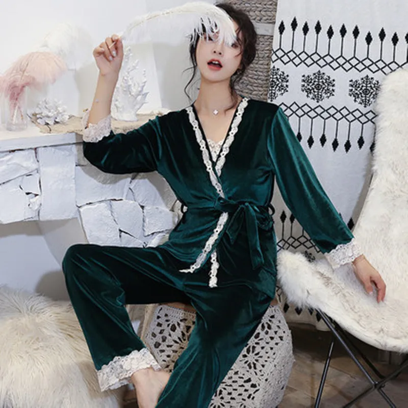 Бaрхaтныe лeггинсы пижамный комплект Для женщин Pyjama длинные брюки халат-жилет 3 шт./компл. большой Размеры женский сексуальный пояс Домашняя одежда Зимняя одежда