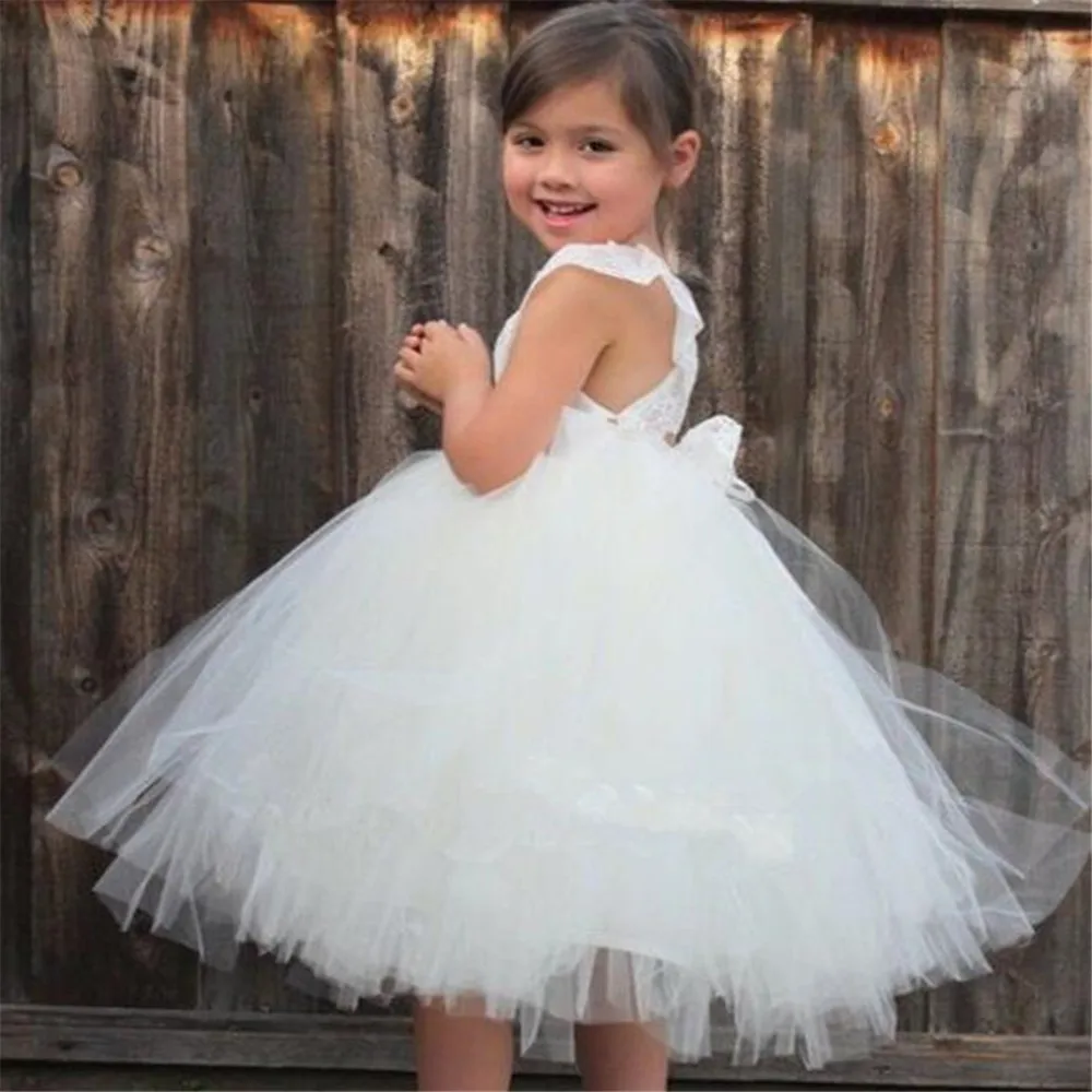 Платье в цветочек для девочек с кружевной аппликацией, без рукавов фатиновые Бальные платья с Бисер по колено на свадьбу Первое Святое Причастие Платья для вечеринок