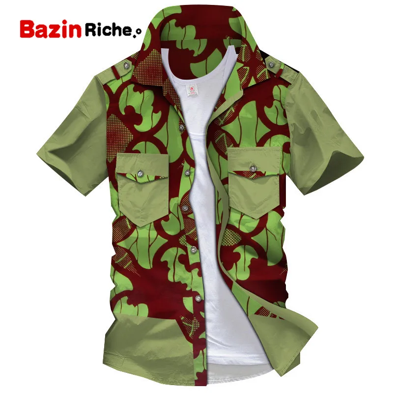Дашики Мужская Топ рубашка Bazin Riche африканская мужская одежда хлопок Печать Лоскутная Кнопка Топ рубашка мужская африканская одежда WYN894