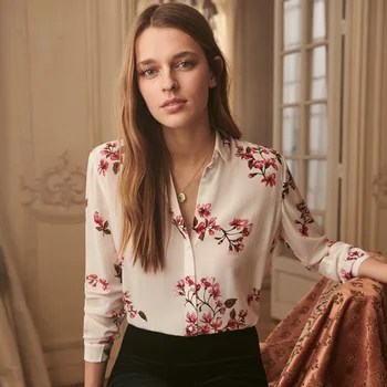 

Begonia Floral Print Shirt Women Summer Elegant Long Sleeve Button Silk Crepe de Chine Fabric Blouse 2020 Vintage Women Shirt