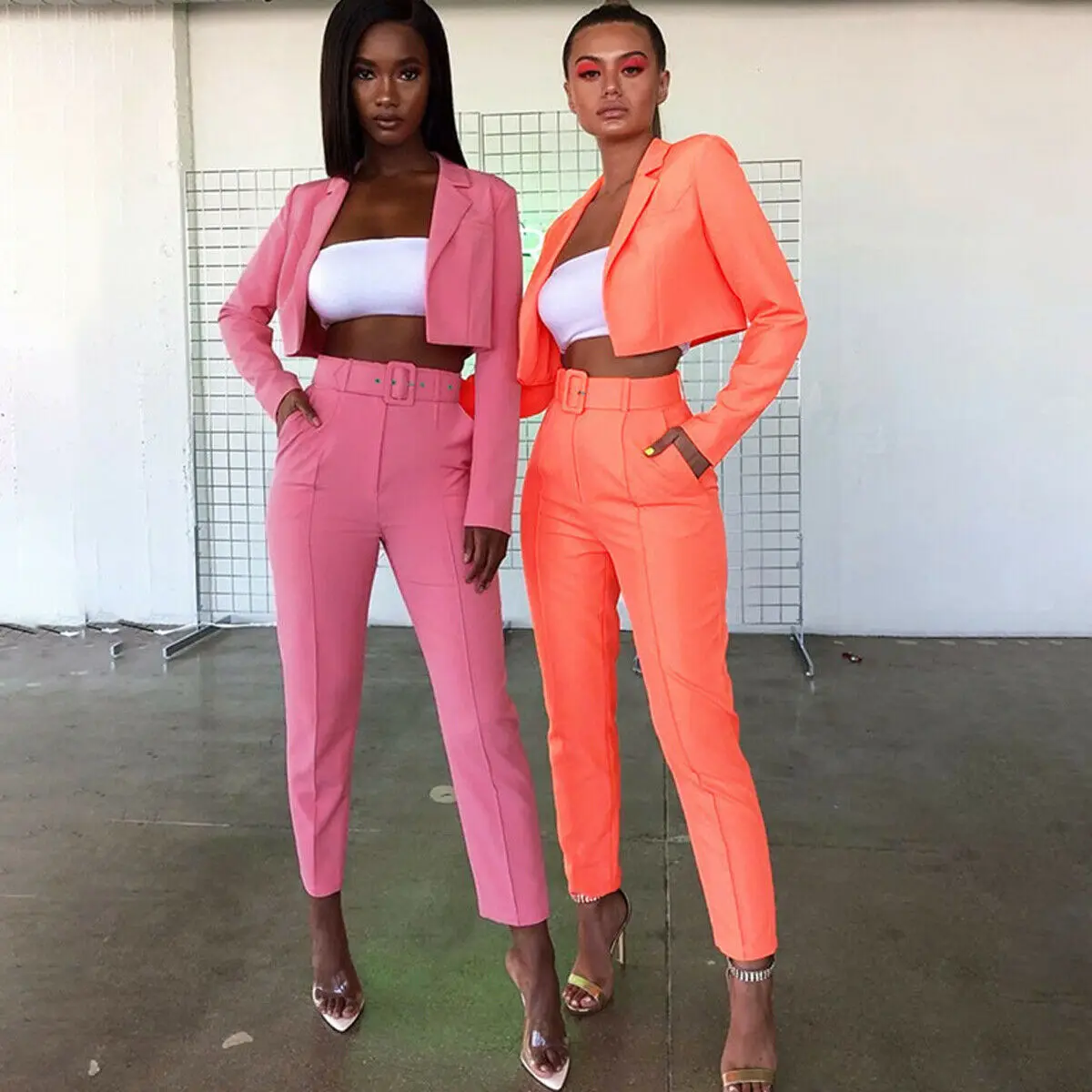 

2PCS Women High Street Pants Suits 2019 New Vogue Short Blazers+Pencil Pants Two Pieces Set Office Lady Lounge Wear with Belt