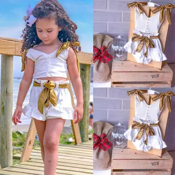 

Toddler Baby Girl Clothes Sets Lace up Sling V neck Vest Top+Shorts Skirt Outfit Clothes Set Baby Summer Clothing 1-5Y