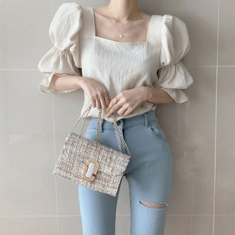 Vintage Puff Sleeve Blouse Square Neck Women Shirts Tops Sexy Slim Women Blouse