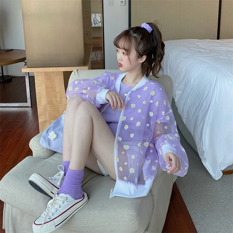 2020 New Korean Style Loose Flower Printed Thin Jacket Sunscreen Women Long Sleeve Casual Sunscreen Jacket Veste Femme