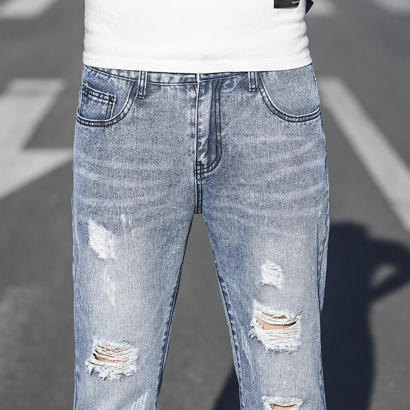Great Value Men's Washed Denim Trousers Street Fashion Men's Elastic Cotton Stretch Jeans Pants Loose Feet Pants Wearing Denim Broken Holes