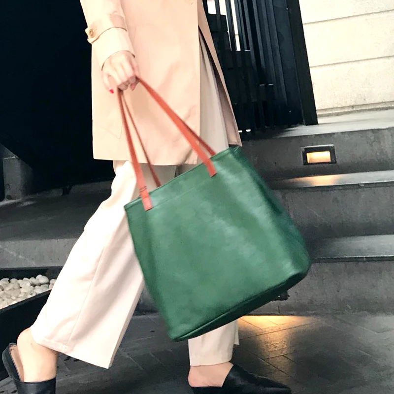 

XHTY leather tote bag women's retro vegetable tanned layer leather small trumpet high-end texture three-layer large capacity