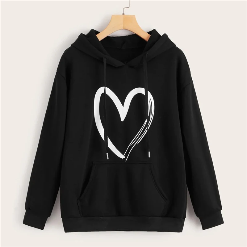 Dotfashion/Черная Толстовка с принтом в виде сердца и передним карманом для женщин, осенняя Повседневная Толстовка с капюшоном со шнуровкой, Женские базовые свитшоты